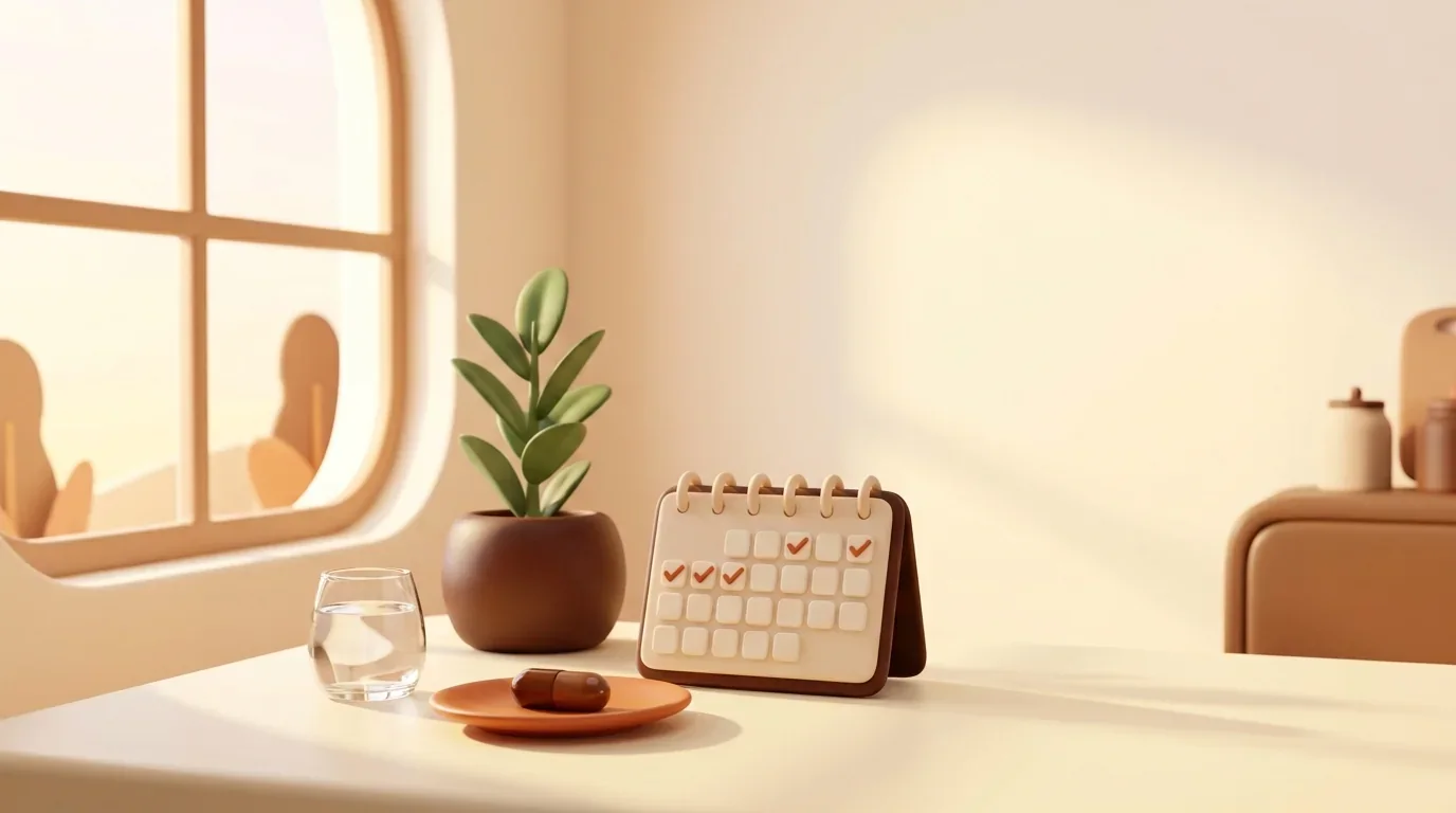 Ilustração 3D: 1 cápsula de Alphardente ao dia, copo de água e calendário de 30 dias