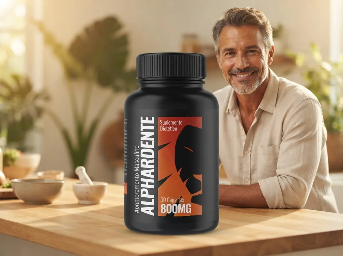Cliente sorridente na cozinha com o frasco de Alphardente Cápsulas