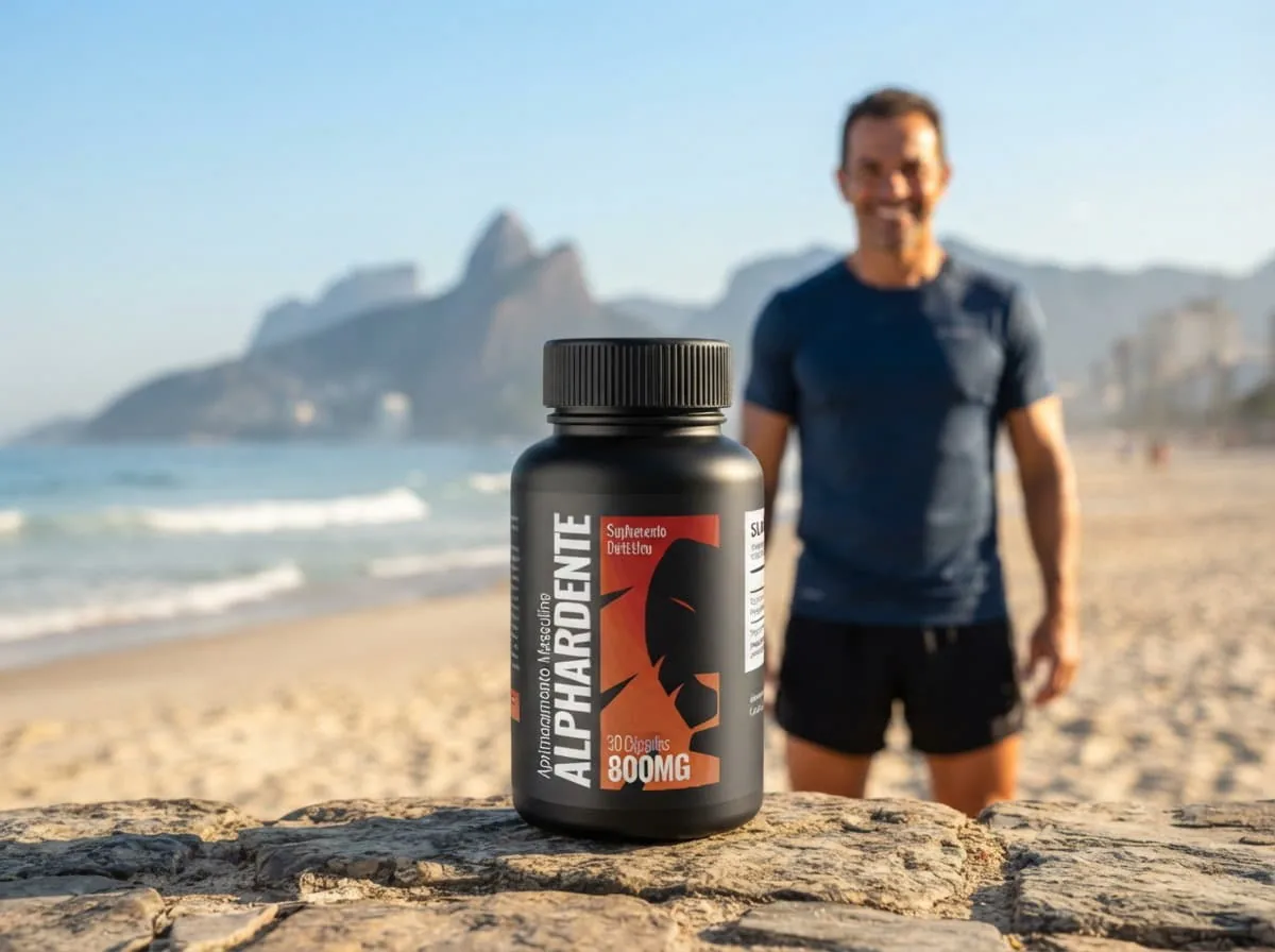 Homem na praia depois da corrida com o frasco de Alphardente Cápsulas